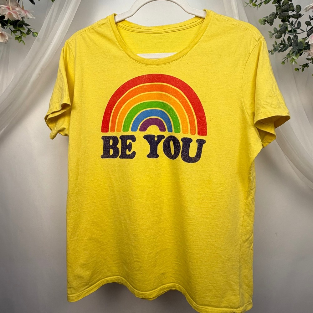 Be You Rainbow Graphic T-Shirt Yellow Short Sleeve Crew Neck Pride Tee